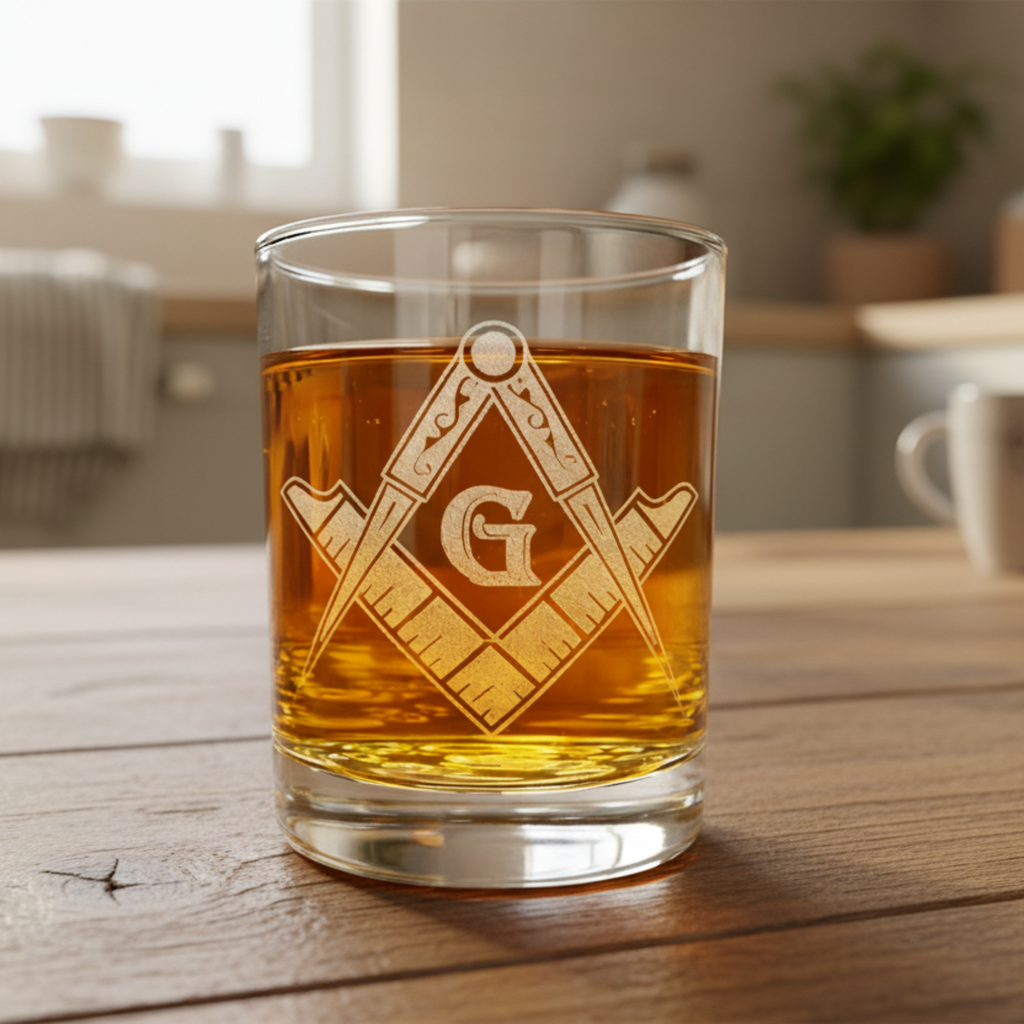 Masonic Square & Compass Glass, 7.75 oz | Etched Lowball for Freemasons