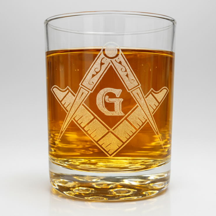 Masonic Square & Compass Glass, 7.75 oz | Etched Lowball for Freemasons