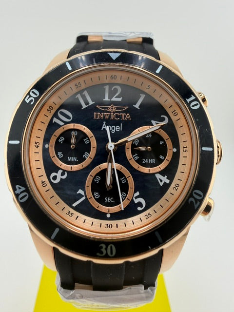 38756-Invicta Lady Angel Chronograph Black W/ Black Dial nd Rose Gold Bezel