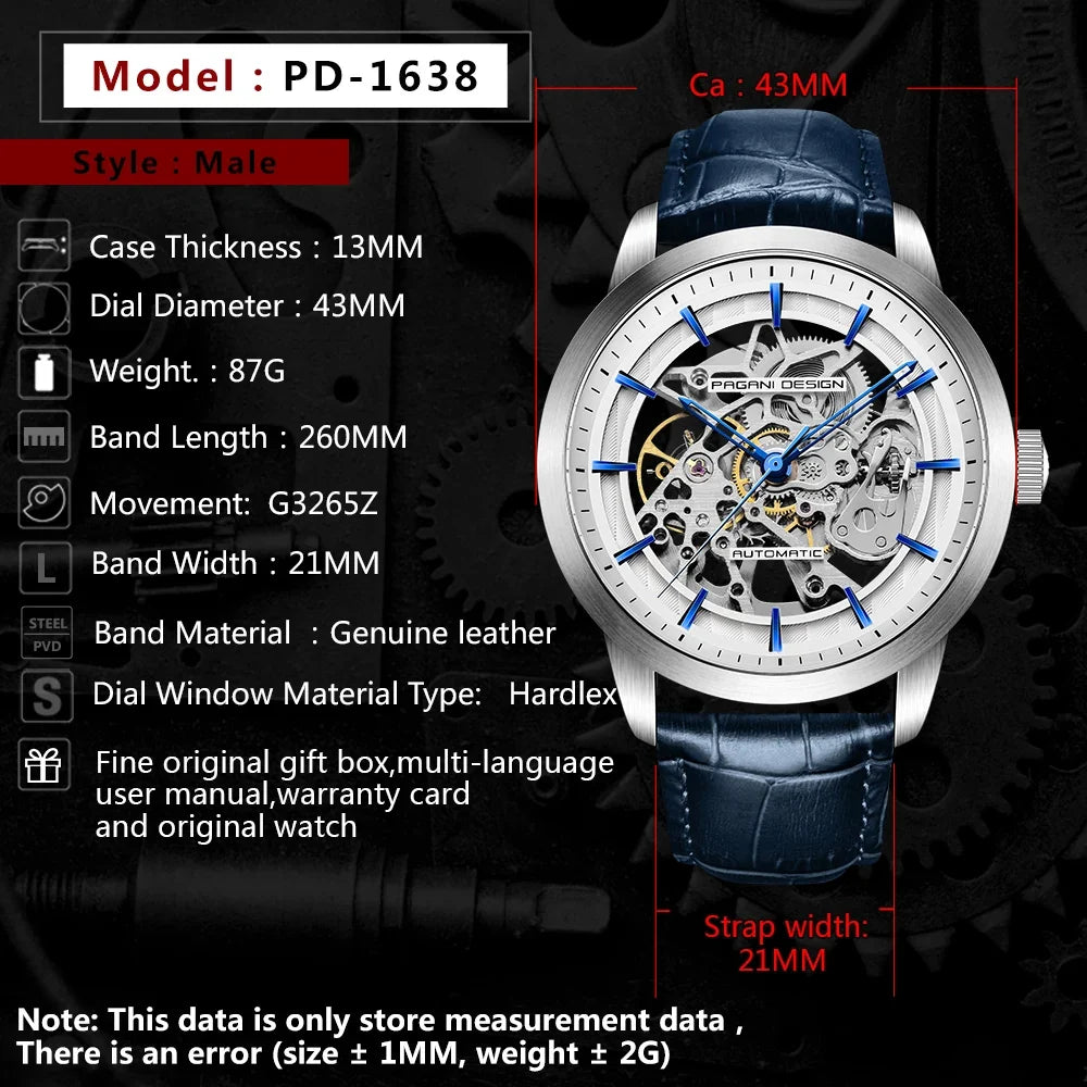 PAGANI DESIGN Business Man Watch Luxury Skeleton Hollow Leather Men's Wristwatch New Mechanical Male Clock Relogio Masculino