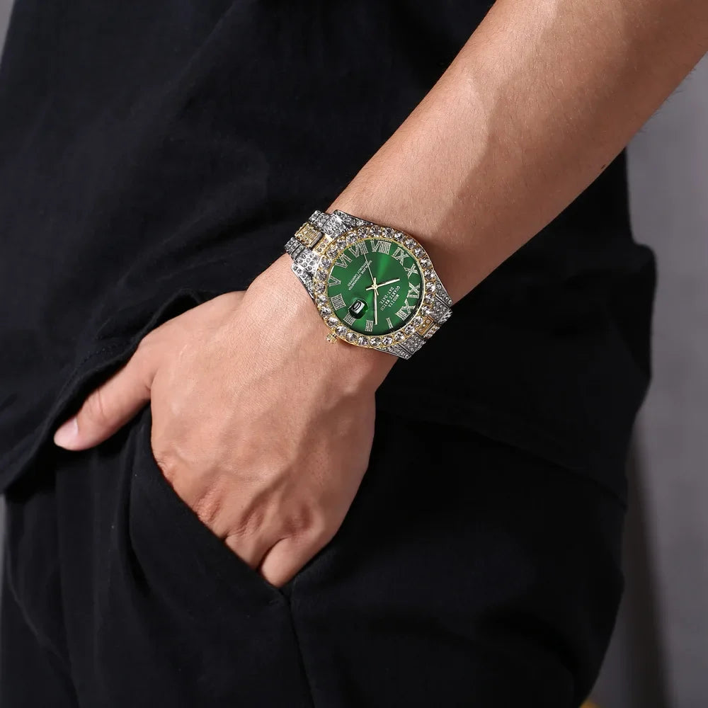 Hot Sale Diamond Bling Watch Men Gold Color Luxury Gift Quartz Watches Male Clock Dropshipping  Rhinestone Calendar Wristwatch