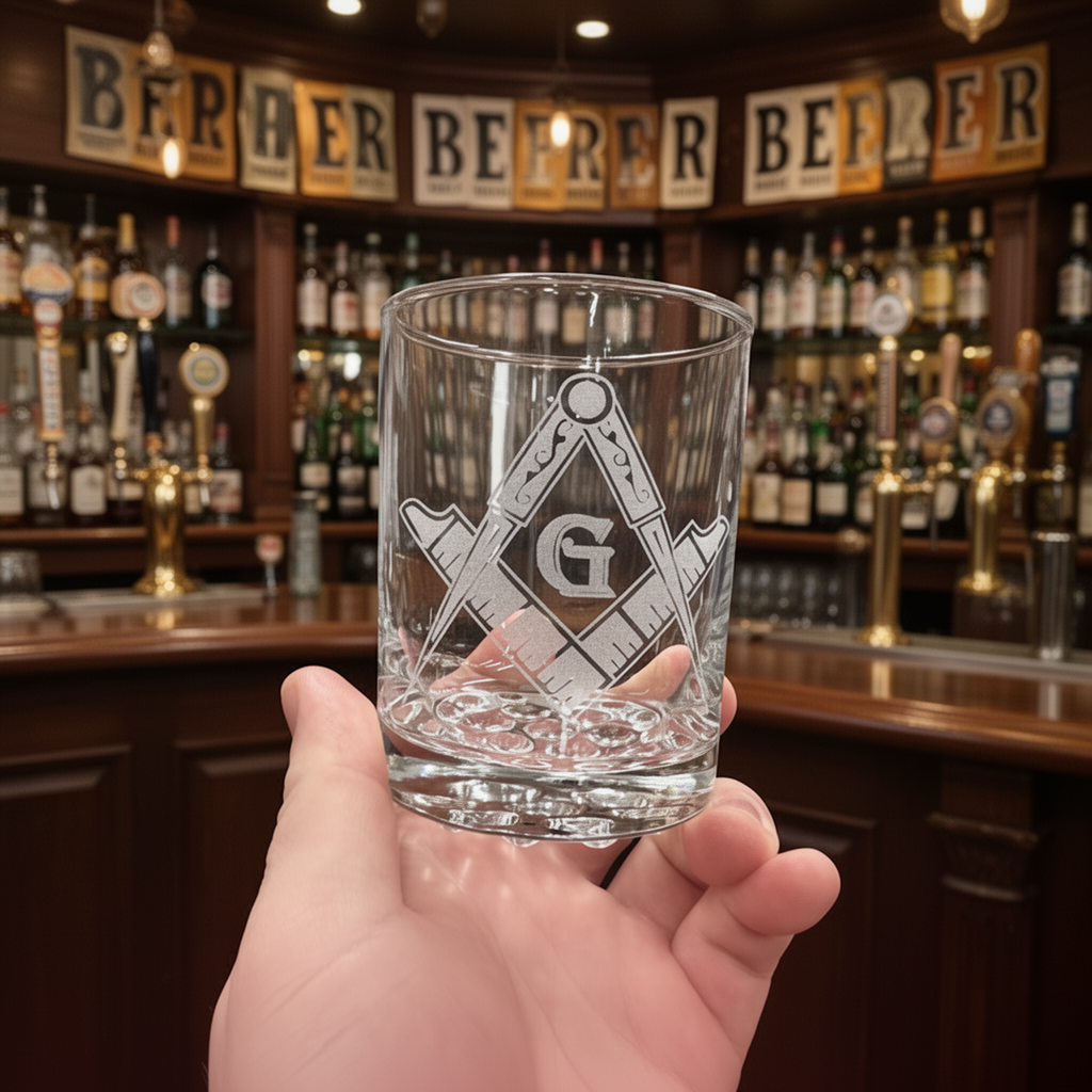 Masonic Square & Compass Glass, 7.75 oz | Etched Lowball for Freemasons
