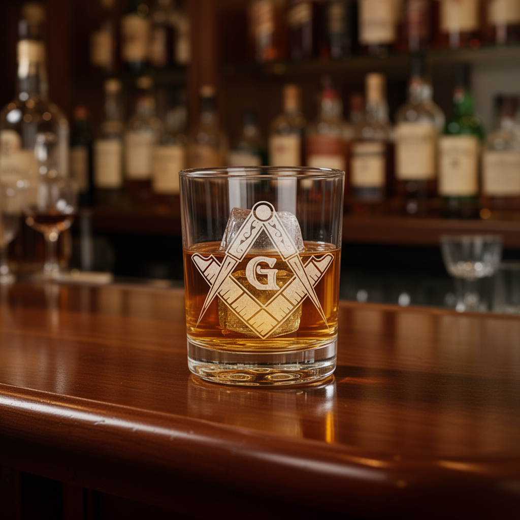 Masonic Square & Compass Glass, 7.75 oz | Etched Lowball for Freemasons